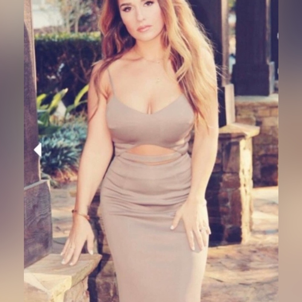 Kittenish Jessie James Decker Taupe Samantha Jones Cut Out Knee Length Dress